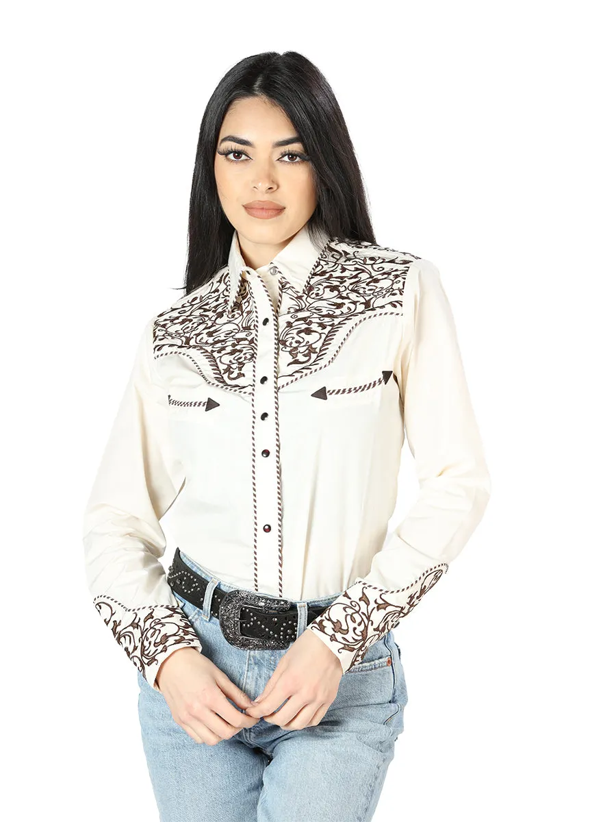 Camisa Vaquera Manga Larga Bordada Beige para Mujer 'El Señor de los Cielos' - ID: 44191