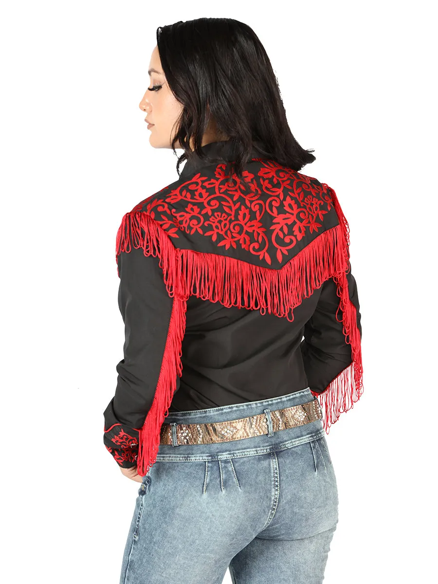 Camisa Vaquera Manga Larga Bordada Negro/Rojo para Mujer 'El Señor de los Cielos' - ID: 44181