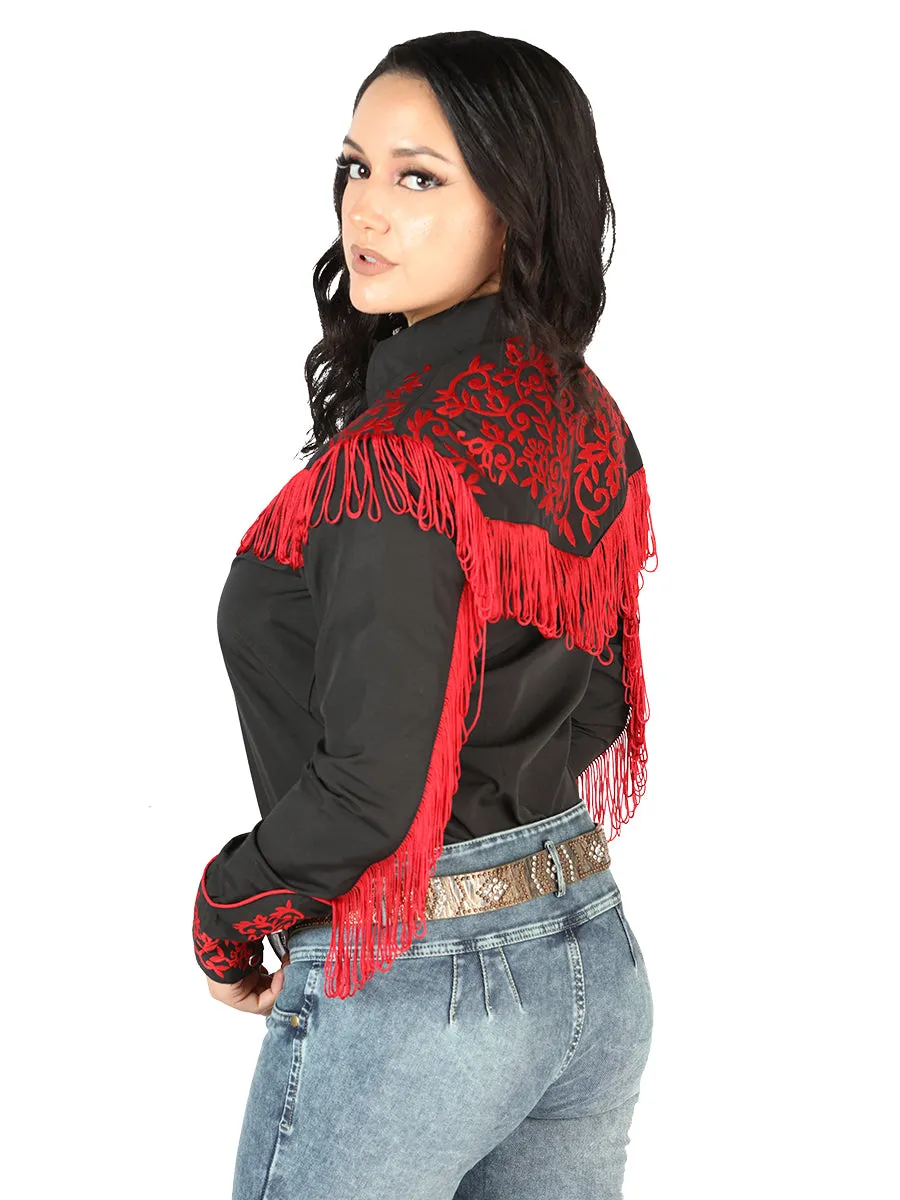 Camisa Vaquera Manga Larga Bordada Negro/Rojo para Mujer 'El Señor de los Cielos' - ID: 44181