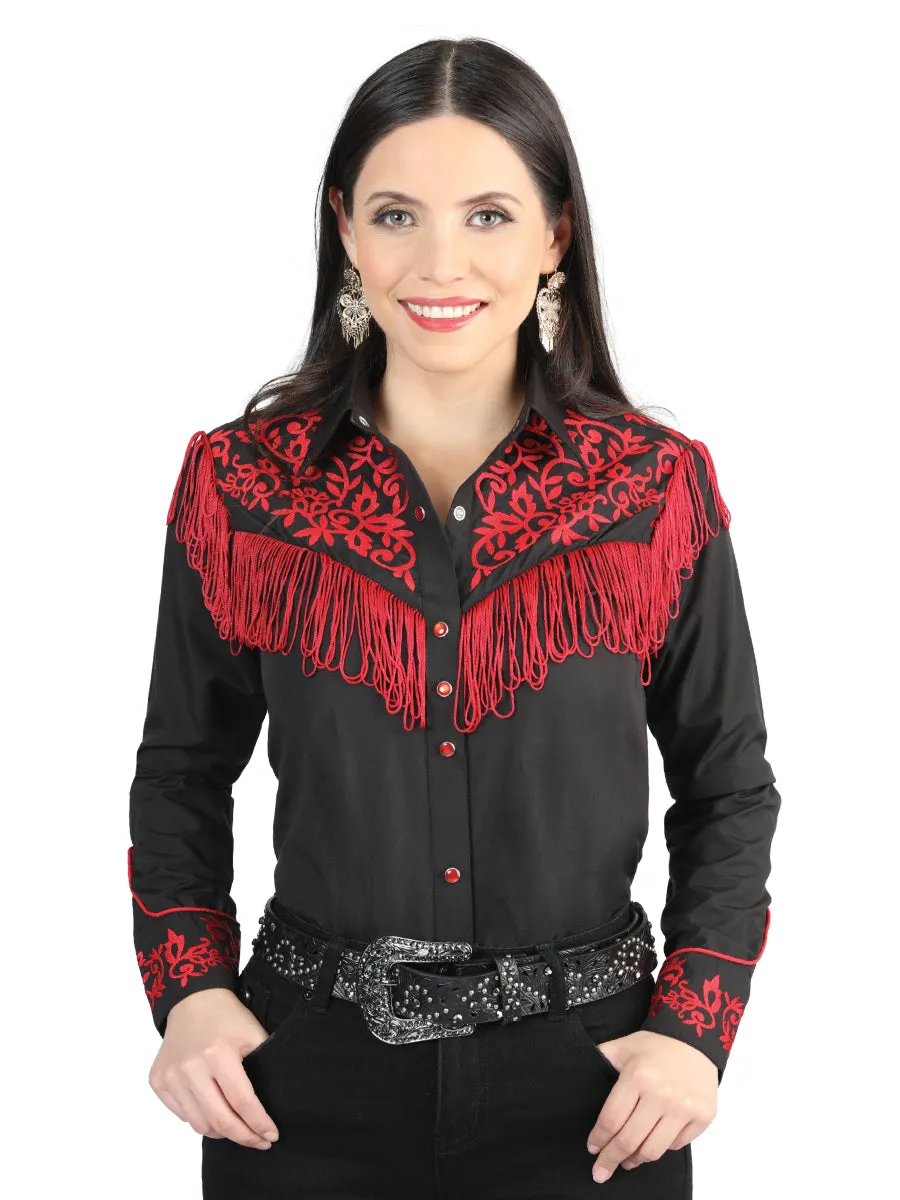 Camisa Vaquera Manga Larga Bordada Negro/Rojo para Mujer 'El Señor de los Cielos' - ID: 44181