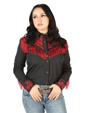 Camisa Vaquera Manga Larga Bordada Negro/Rojo para Mujer 'El Señor de los Cielos' - ID: 44181