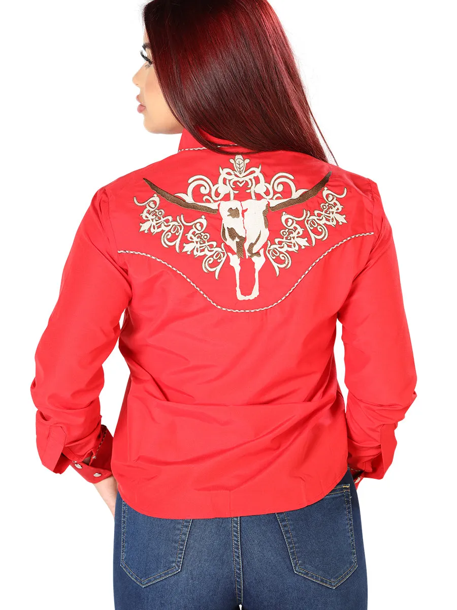 Camisa Vaquera Manga Larga Bordada Rojo para Mujer 'El Señor de los Cielos' - ID: 126675