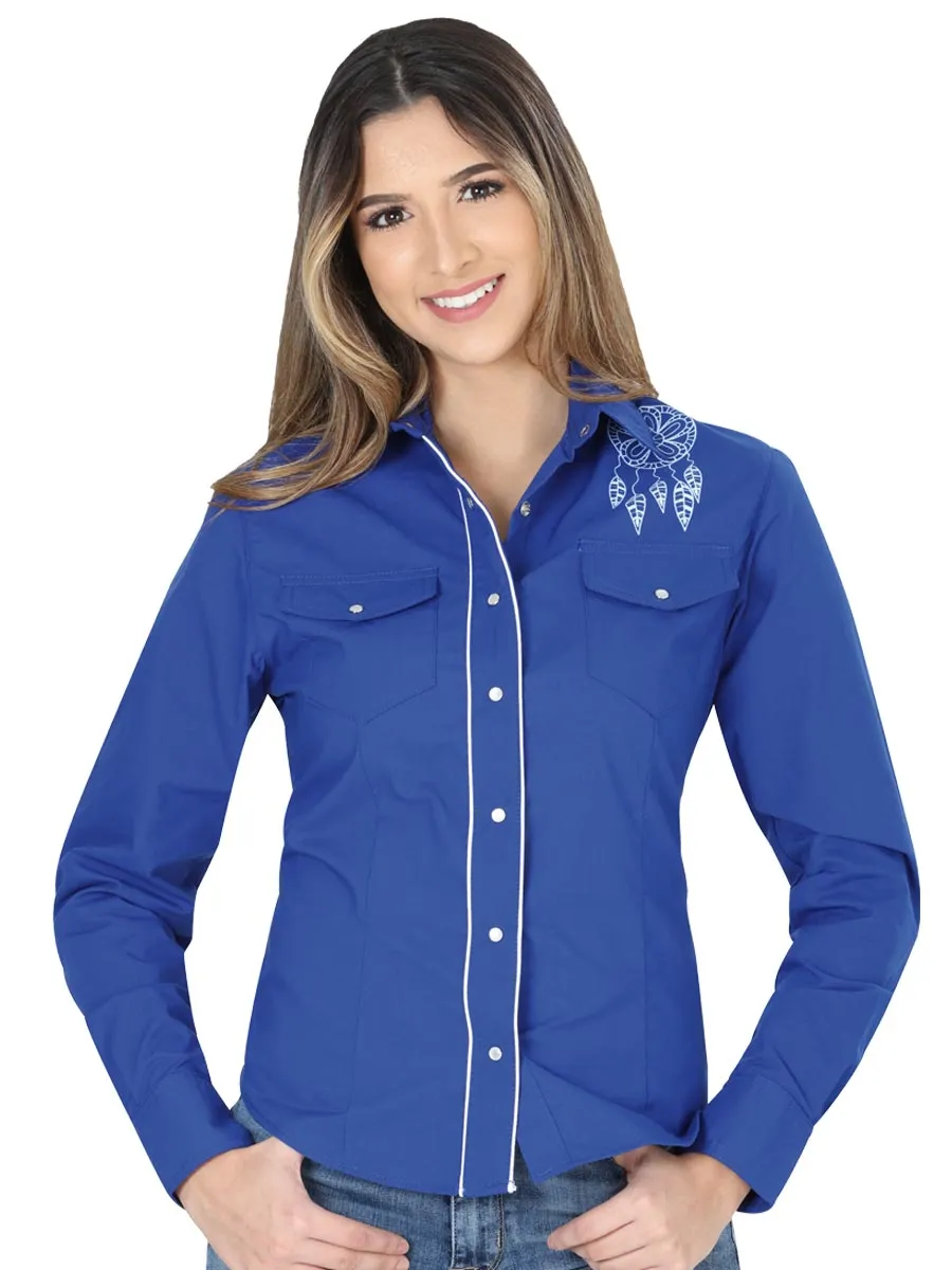 Camisa Vaquera Manga Larga de Bolsillos con Diseño Estampado Azul Rey para Mujer 'El General' - ID: 40476