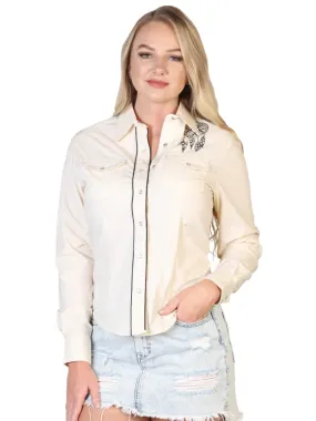 Camisa Vaquera Manga Larga de Bolsillos con Diseño Estampado Beige para Mujer 'El General' - ID: 40477