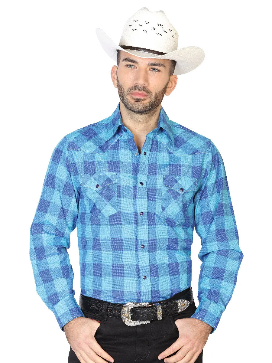 Camisa Vaquera Manga Larga de Bolsillos Estampada Cuadros Azul para Hombre 'El Señor de los Cielos' - ID: 42619