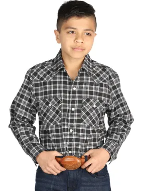 Camisa Vaquera Manga Larga de Bolsillos Estampada Cuadros Negro/Blanco para Niños 'El General' - ID: 42616