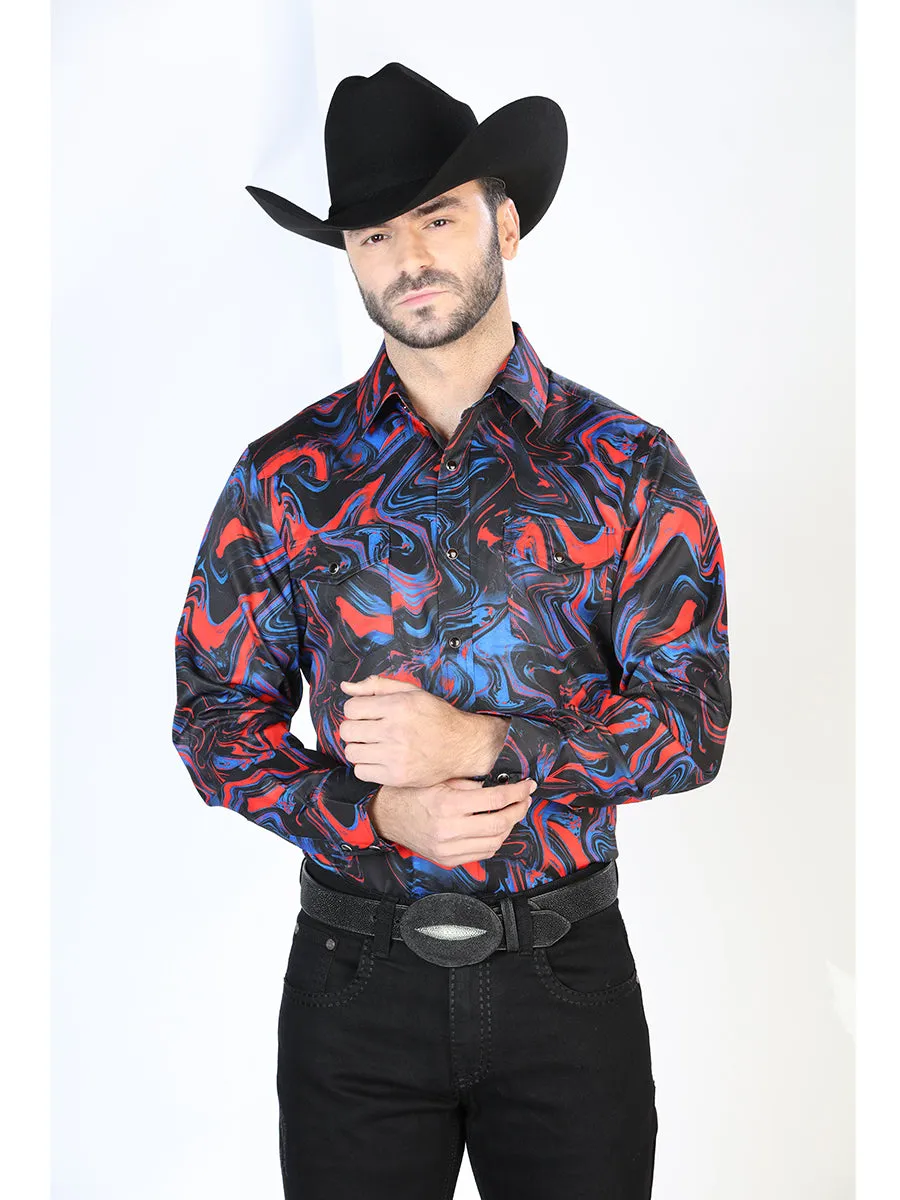 Camisa Vaquera Manga Larga de Broches Estampada Azul/Rojo para Hombre 'El Señor de los Cielos' - ID: 44080