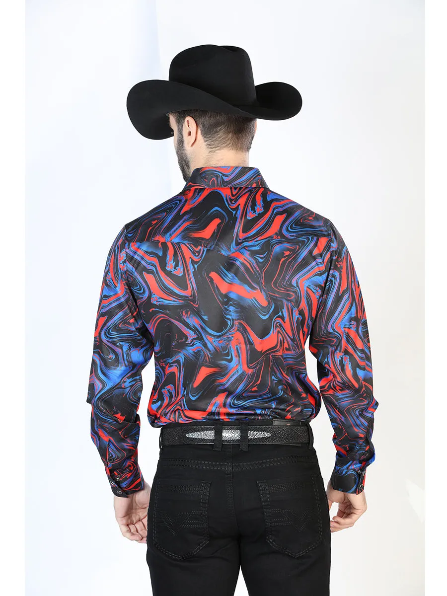 Camisa Vaquera Manga Larga de Broches Estampada Azul/Rojo para Hombre 'El Señor de los Cielos' - ID: 44080