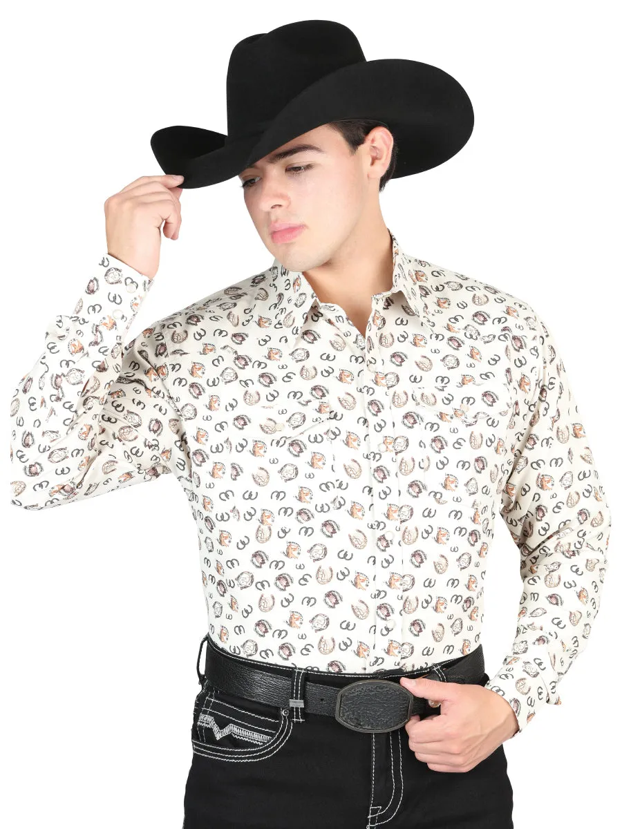 Camisa Vaquera Manga Larga de Broches Estampada Beige para Hombre 'El General' - ID: 44311