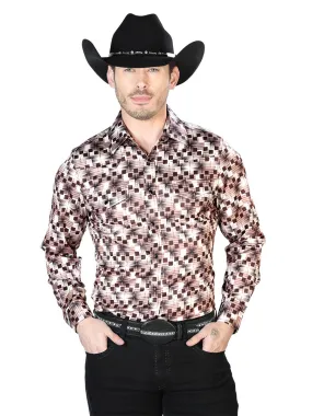 Camisa Vaquera Manga Larga de Broches Estampada Beige/Cafe para Hombre 'El Señor de los Cielos' - ID: 43941