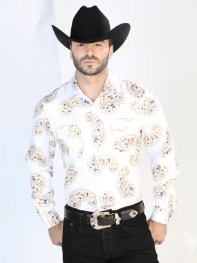 Camisa Vaquera Manga Larga de Broches Estampada Blanco Hueso/Oro para Hombre 'El Señor de los Cielos' - ID: 44064