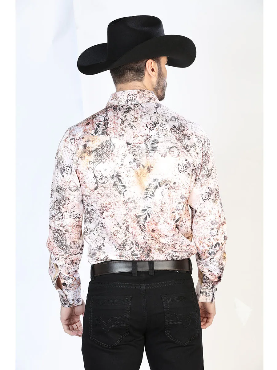 Camisa Vaquera Manga Larga de Broches Estampada Blanco/Cafe para Hombre 'El Señor de los Cielos' - ID: 44093