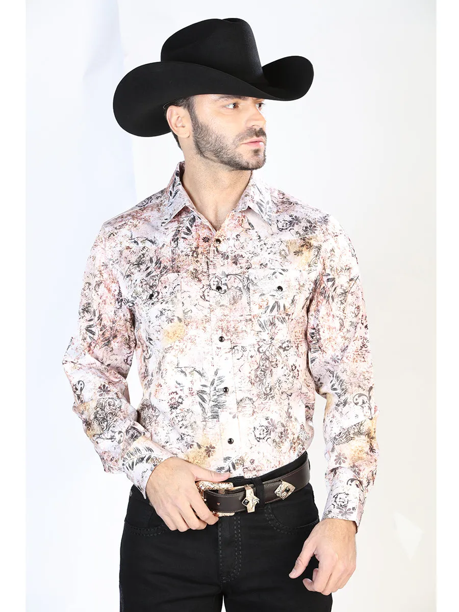 Camisa Vaquera Manga Larga de Broches Estampada Blanco/Cafe para Hombre 'El Señor de los Cielos' - ID: 44093