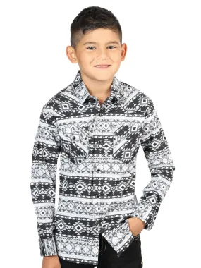 Camisa Vaquera Manga Larga de Broches Estampada Blanco/Negro para Niños 'El Señor de los Cielos' - ID: 44411