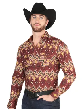 Camisa Vaquera Manga Larga de Broches Estampada Burgandy para Hombre 'El Señor de los Cielos' - ID: 44430