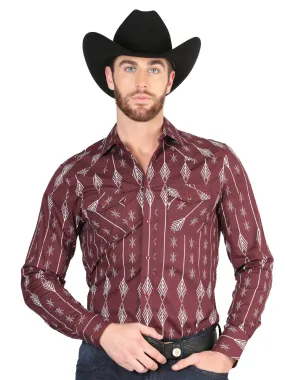 Camisa Vaquera Manga Larga de Broches Estampada Burgandy para Hombre 'El Señor de los Cielos' - ID: 44435