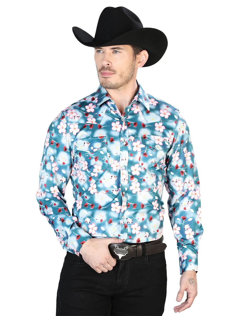 Camisa Vaquera Manga Larga de Broches Estampada Floral Agua/Flores para Hombre 'El Señor de los Cielos' - ID: 43943