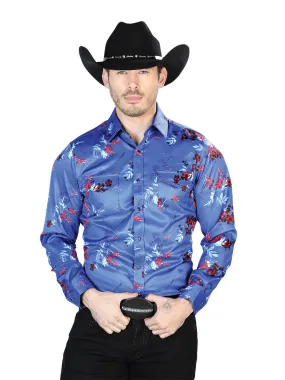 Camisa Vaquera Manga Larga de Broches Estampada Floral Azul Rey para Hombre 'El Señor de los Cielos' - ID: 43942