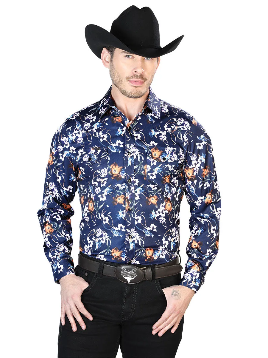 Camisa Vaquera Manga Larga de Broches Estampada Floral Azul/Flores para Hombre 'El Señor de los Cielos' - ID: 43957