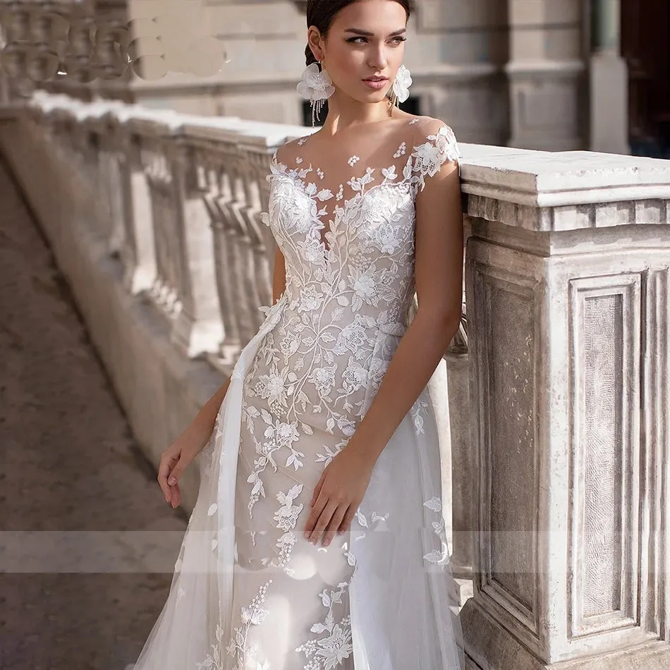 Detachable Mermaid Wedding Dress - Romantic Sweetheart Appliques, Short Sleeve, Backless Bridal Gown