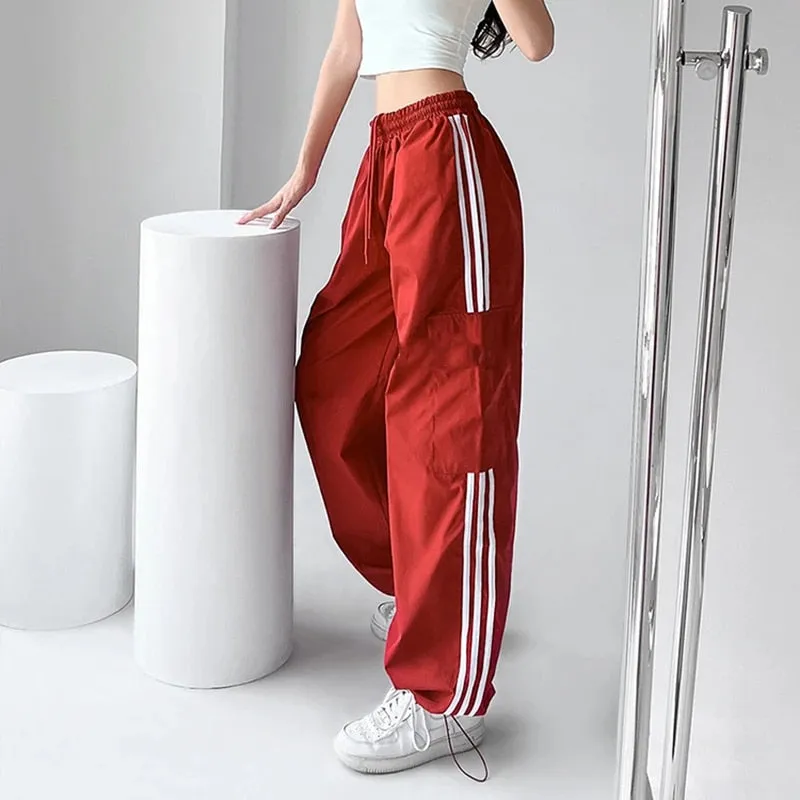 Getadme High Waist Drawstring Cargo Pant Wide Leg Joggers Trousers Striped Harajuku Baggy Parachute Pants Sweatpants Women Clothes Y2k