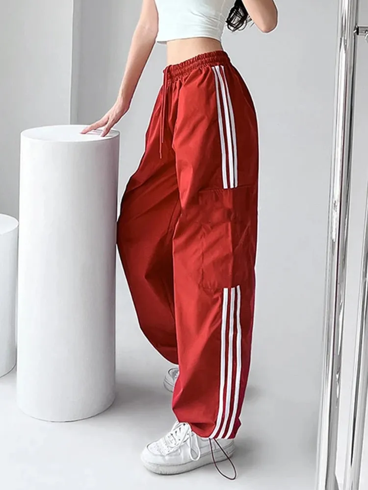 Getadme High Waist Drawstring Cargo Pant Wide Leg Joggers Trousers Striped Harajuku Baggy Parachute Pants Sweatpants Women Clothes Y2k