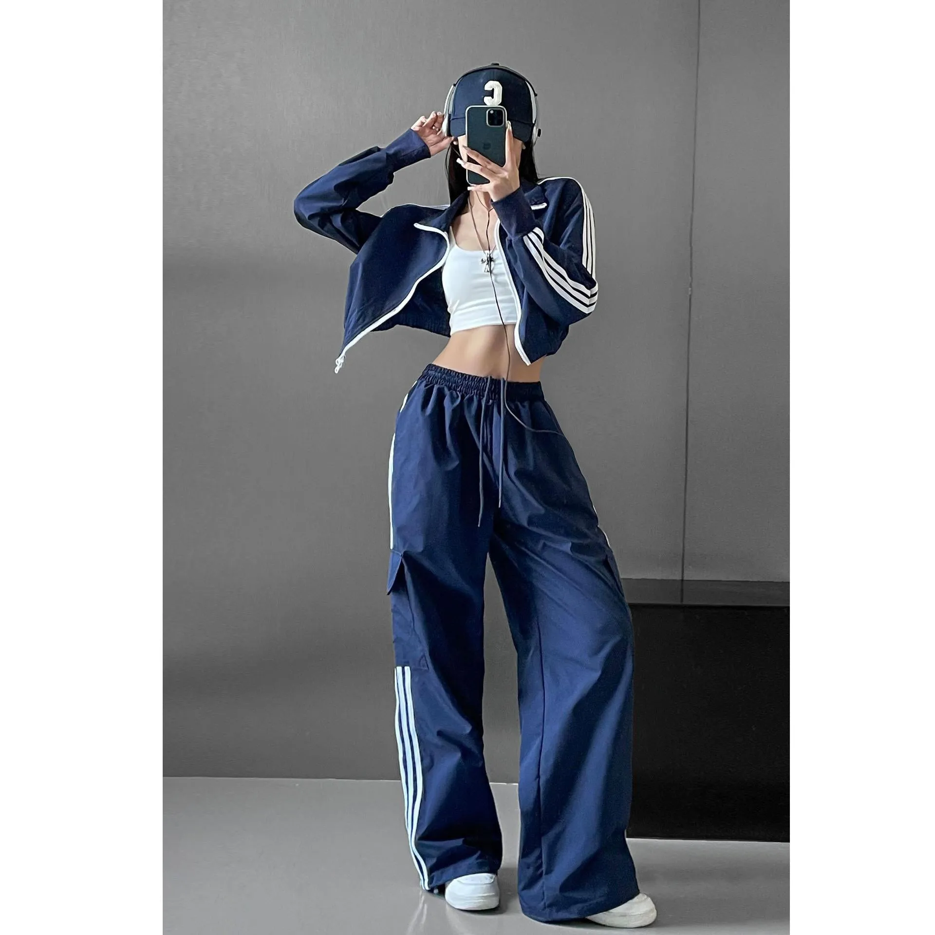 Getadme High Waist Drawstring Cargo Pant Wide Leg Joggers Trousers Striped Harajuku Baggy Parachute Pants Sweatpants Women Clothes Y2k