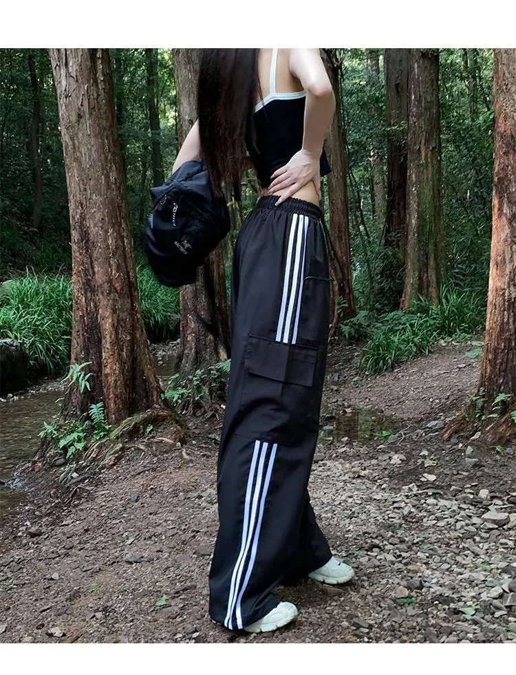 Getadme High Waist Drawstring Cargo Pant Wide Leg Joggers Trousers Striped Harajuku Baggy Parachute Pants Sweatpants Women Clothes Y2k