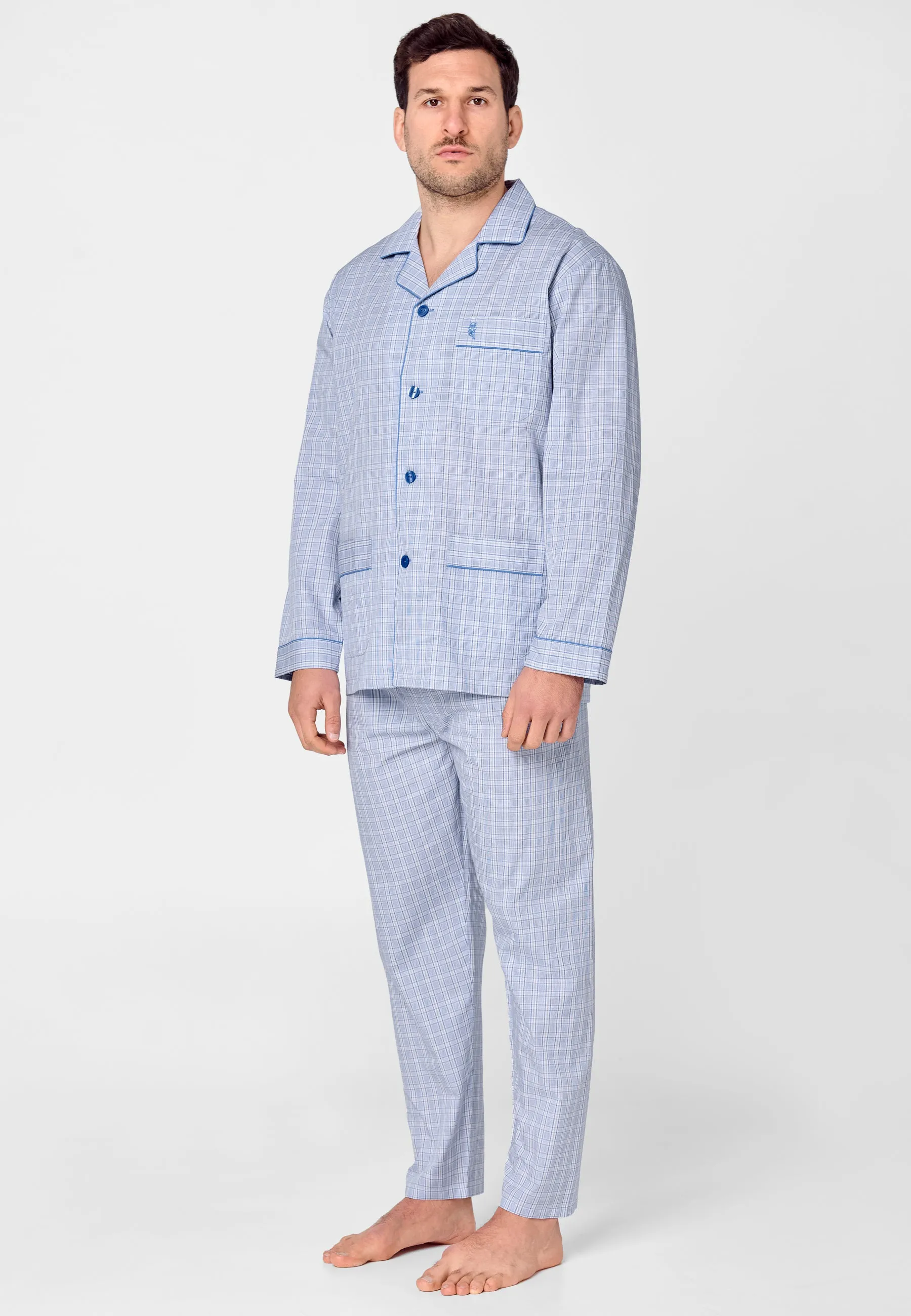 Pijama Hombre Largo Solapa Popelín Cuadros - Azul 1528_30