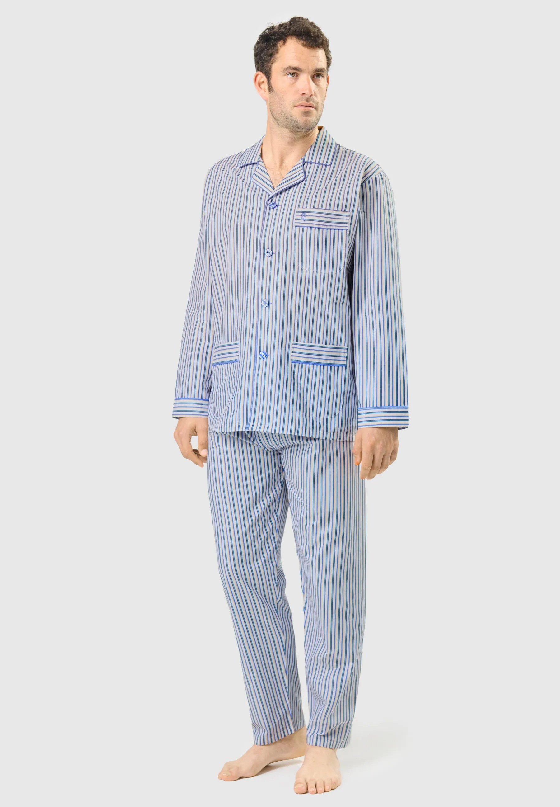 Pijama Hombre Largo Solapa Popelín Rayas - Blanco 1537_01