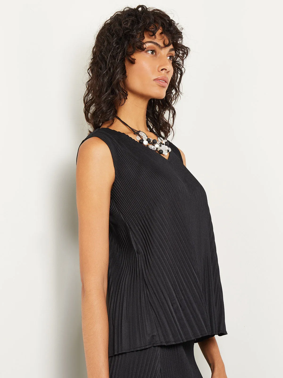 V-Neck Tie-Waist Pleated Crepe de Chine Tank Top